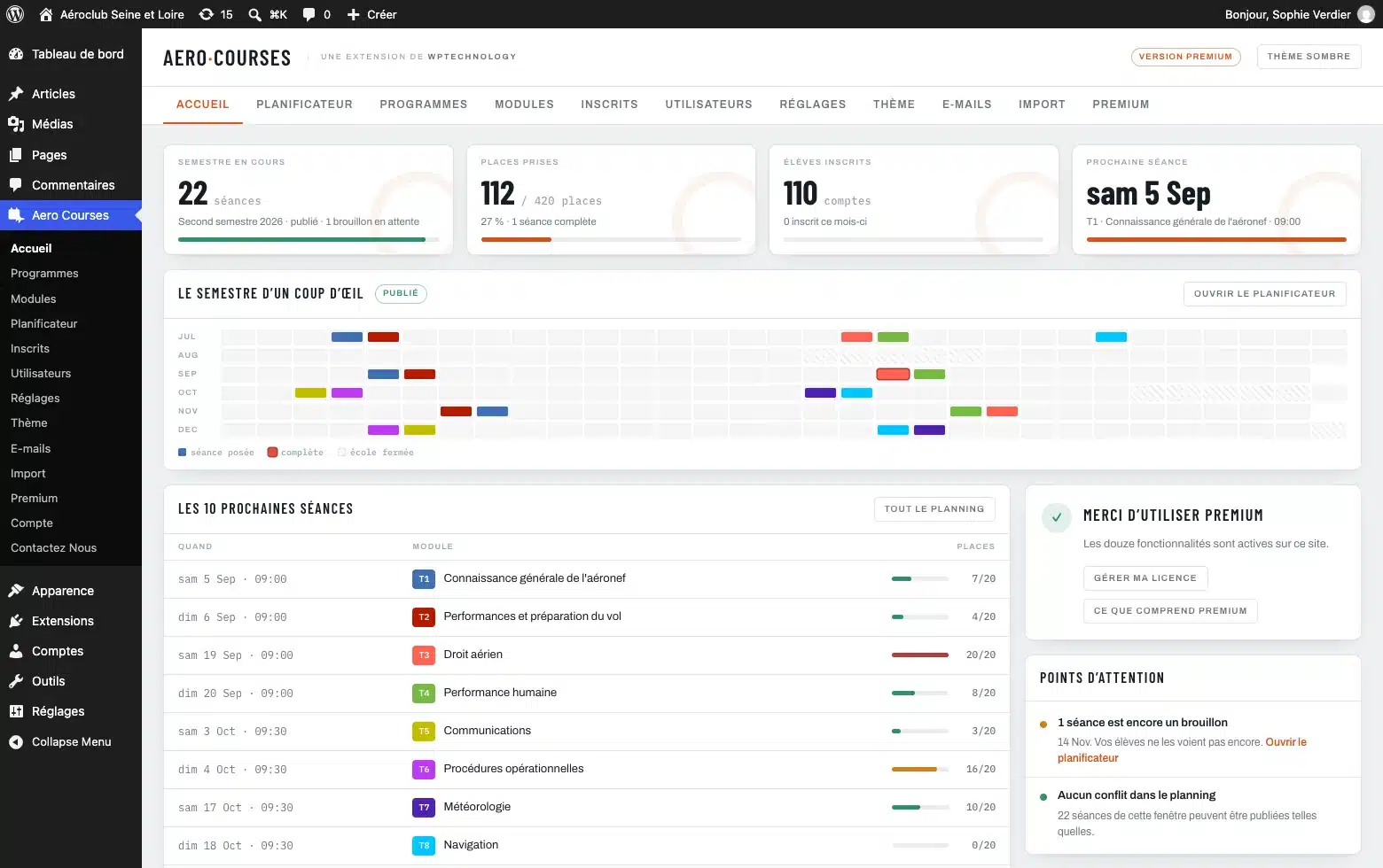 Le tableau de bord du plugin, avec les chiffres du semestre et les prochaines séances