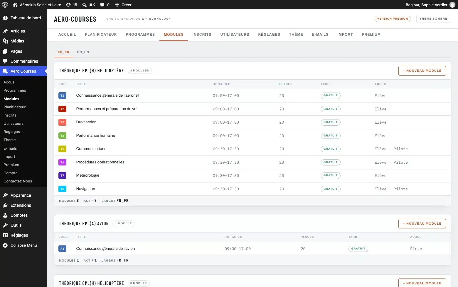 Le catalogue des modules, un tableau par programme de formation