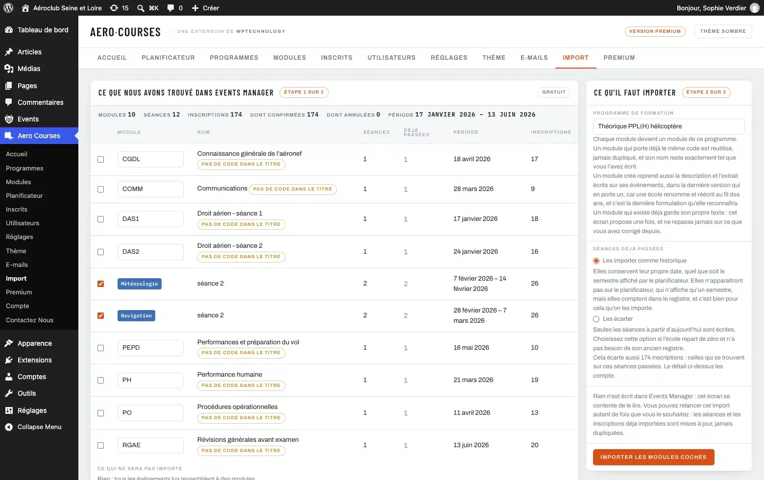 L’écran d’import depuis Events Manager, avec ce qui a été trouvé et ce qui sera importé