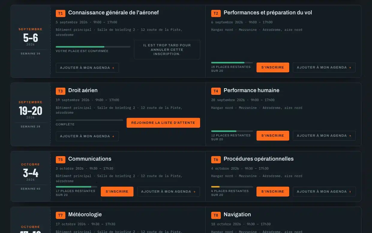 L’agenda public des séances, avec les places restantes et le bouton d’inscription