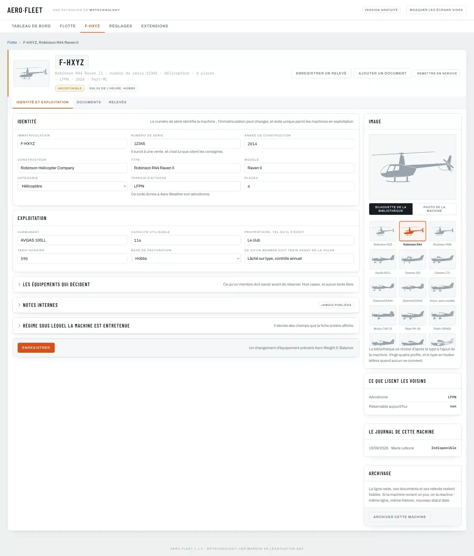 Fiche d’une machine, onglet Identité : immatriculation, numéro de série, type, base, régime, tarif et journal des statuts