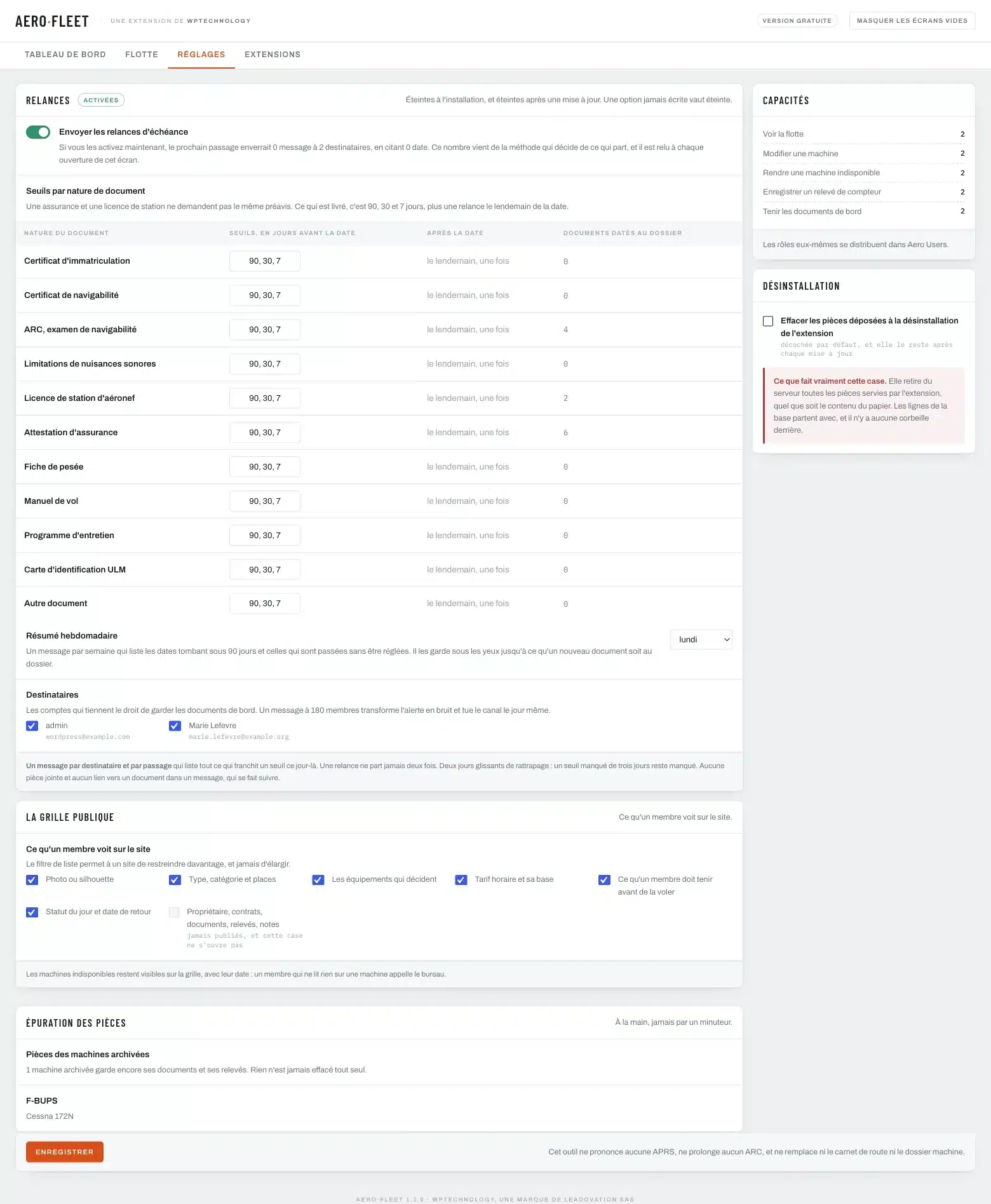 Réglages : seuils de rappel par nature de document, destinataires par permission, contenu de la grille publique et journal des refus
