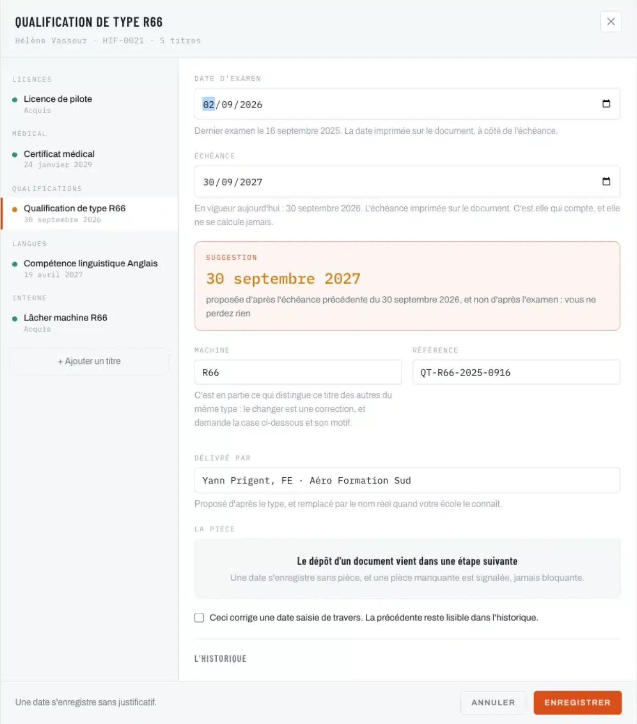 Panneau de saisie d’un titre, avec la date d’examen, l’échéance et la suggestion
