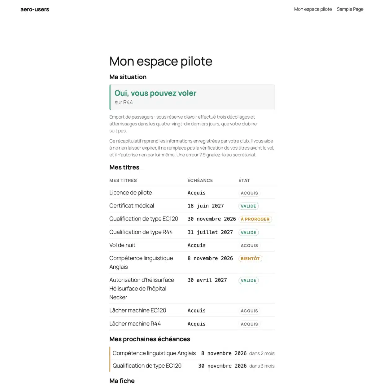 Page publique où un pilote consulte sa situation et ses échéances