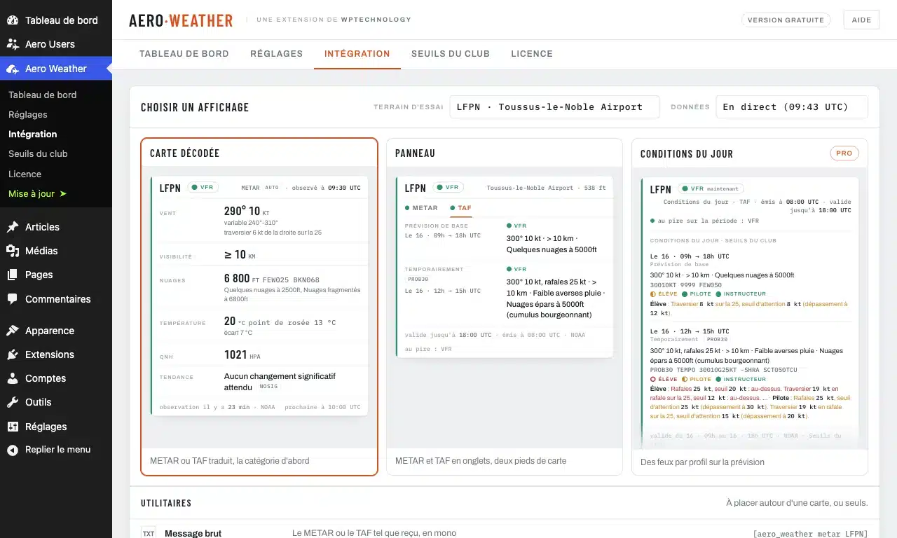 Onglet Intégration : la carte décodée, le panneau et les Conditions du jour montrés en vrai sur le terrain d’essai, avec le code à copier