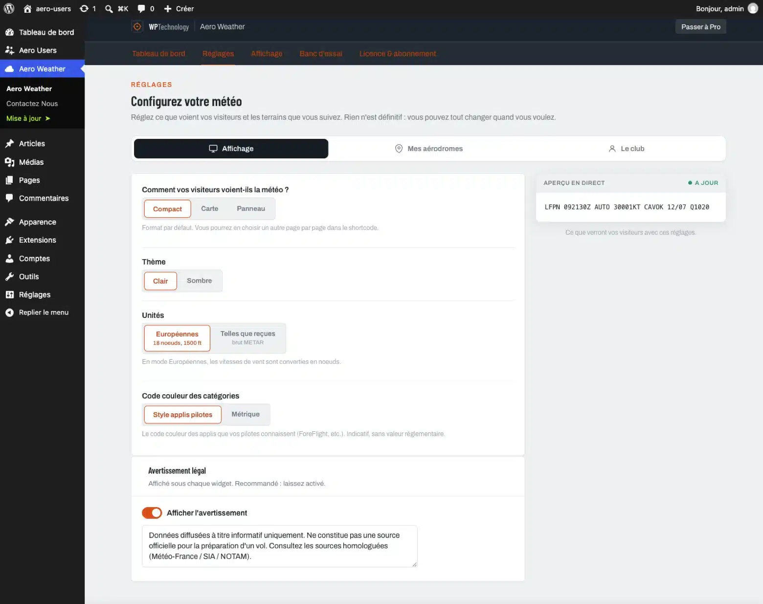 Écran de réglages : format, thème, unités, code couleur, avertissement