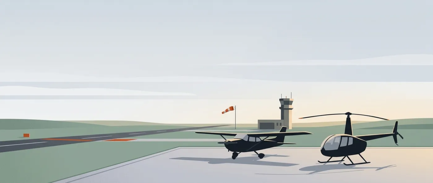 Un avion léger et un hélicoptère sur le parking d’un aérodrome, la manche à air et la tour au fond