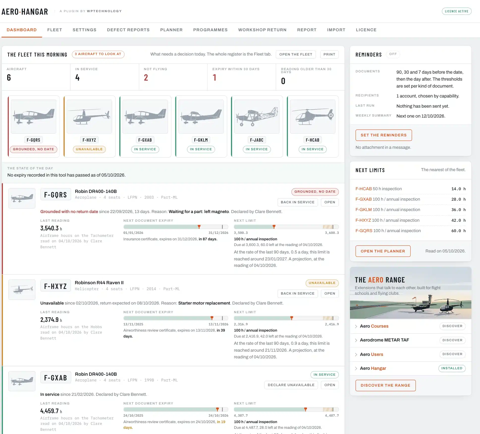 The dashboard: five figures, the fleet as tiles, then the aircraft that need a decision