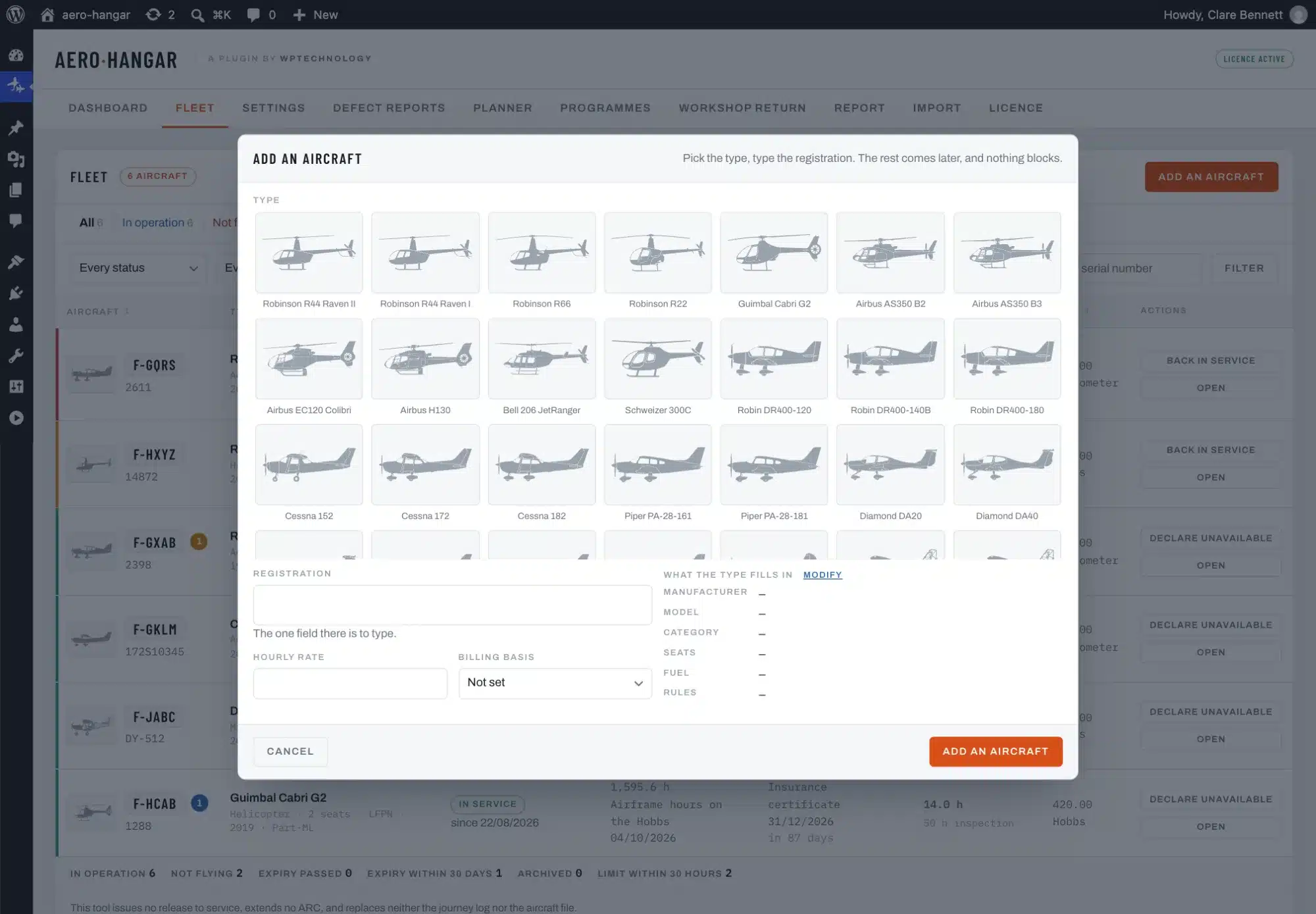 The add aircraft dialog, with the illustrated catalogue of types