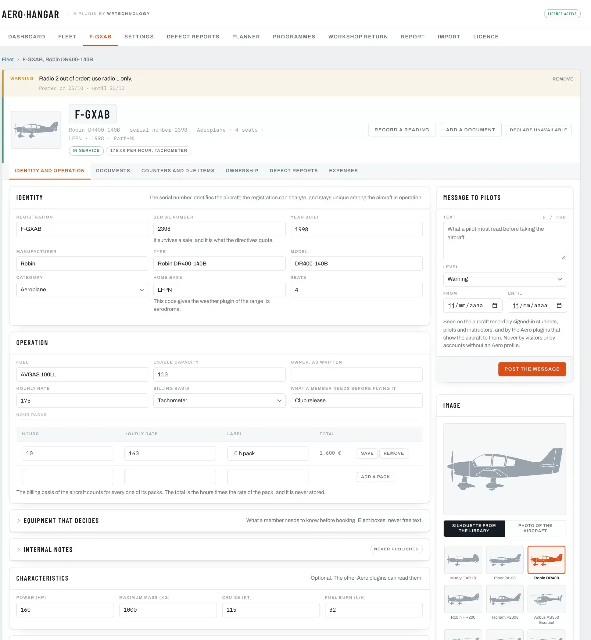 The Identity and operation tab of a Robin DR400 record