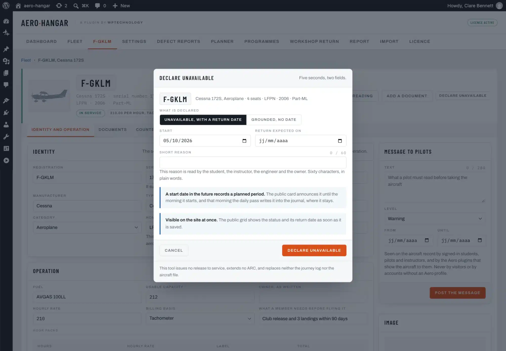 The Declare unavailable dialog: two dates and a short reason