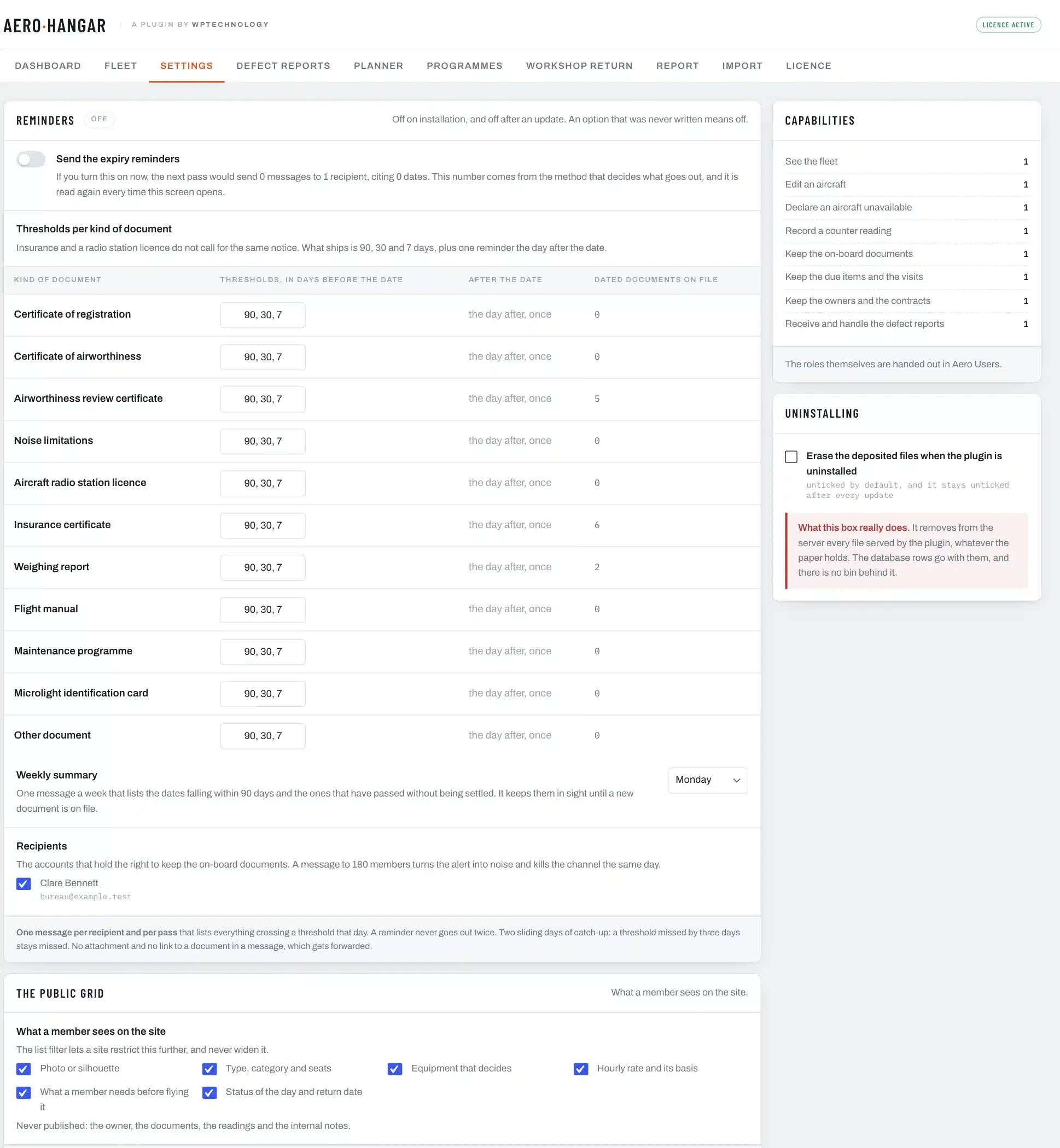 The settings screen: reminders, thresholds per kind, weekly summary and recipients