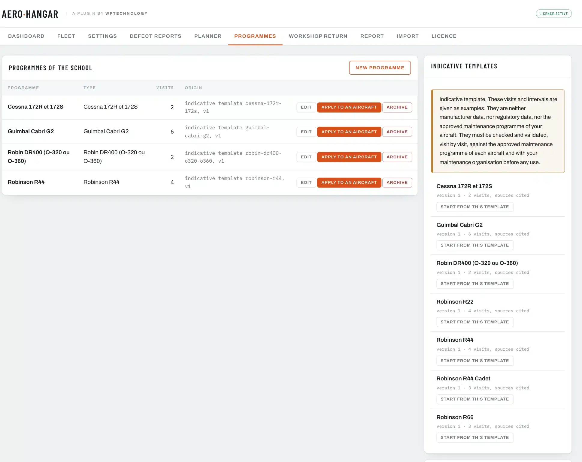 The list of the school’s programmes and of the indicative templates