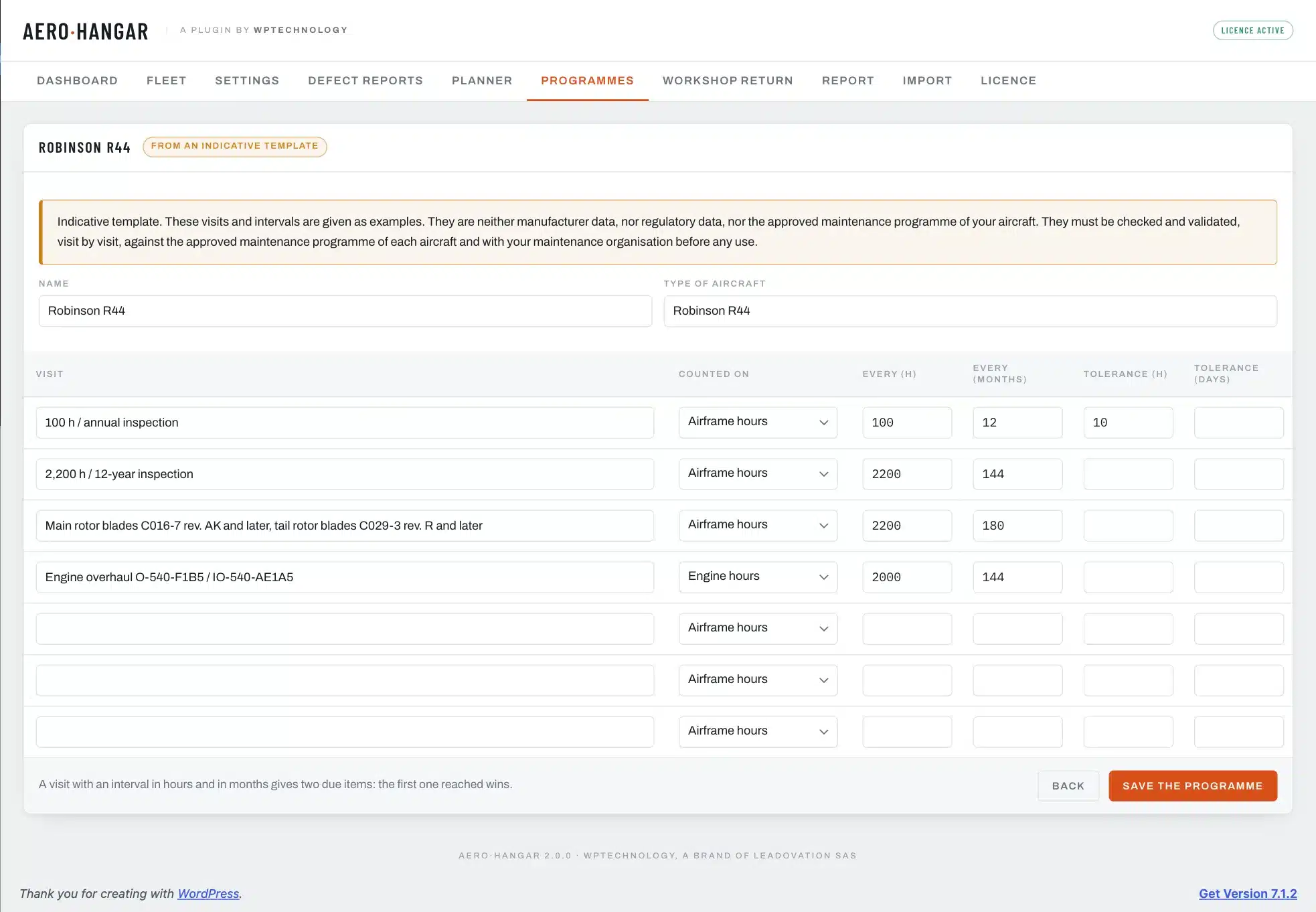A programme copied from an indicative template, with its inspections, intervals and sources
