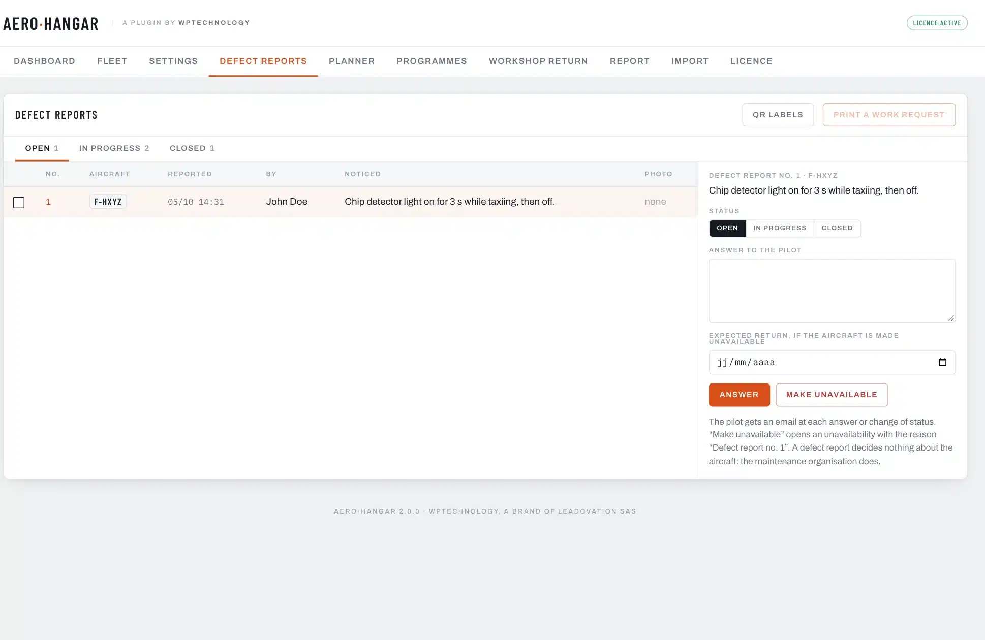 The Defect reports screen, with the panel of an open report