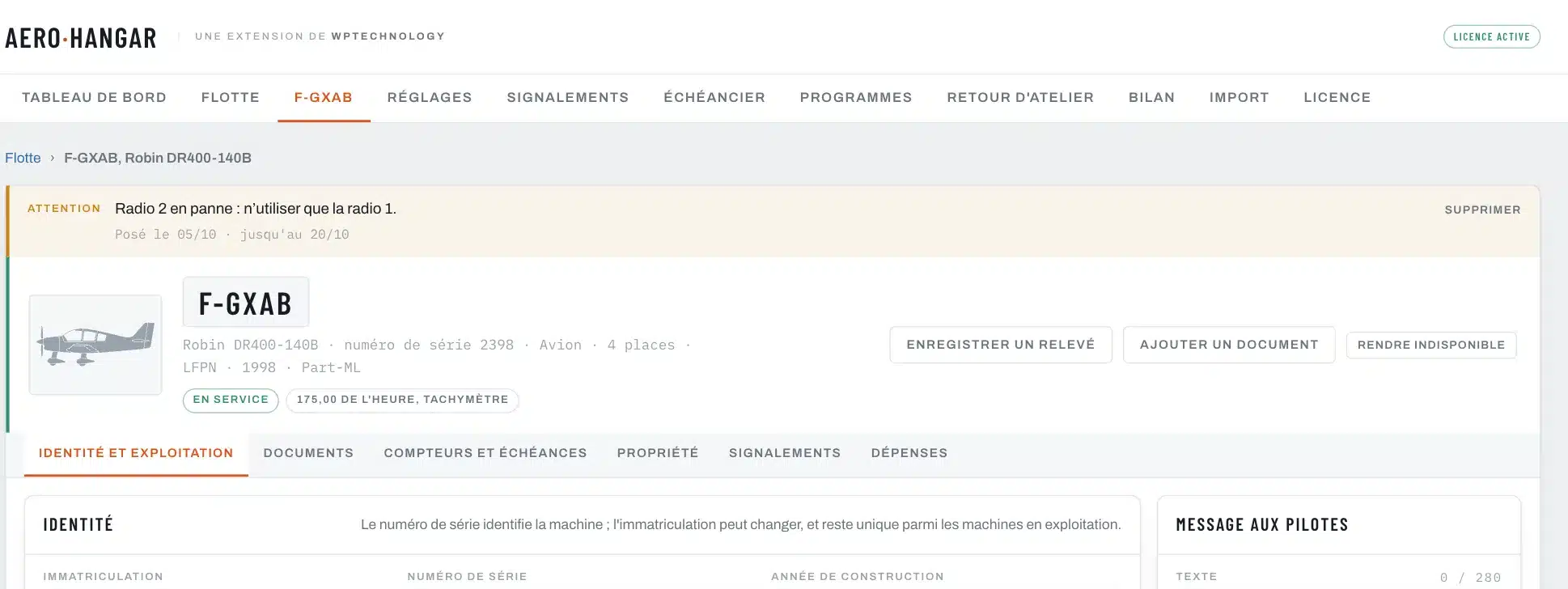 Un message d’attention en tête de la fiche d’une machine