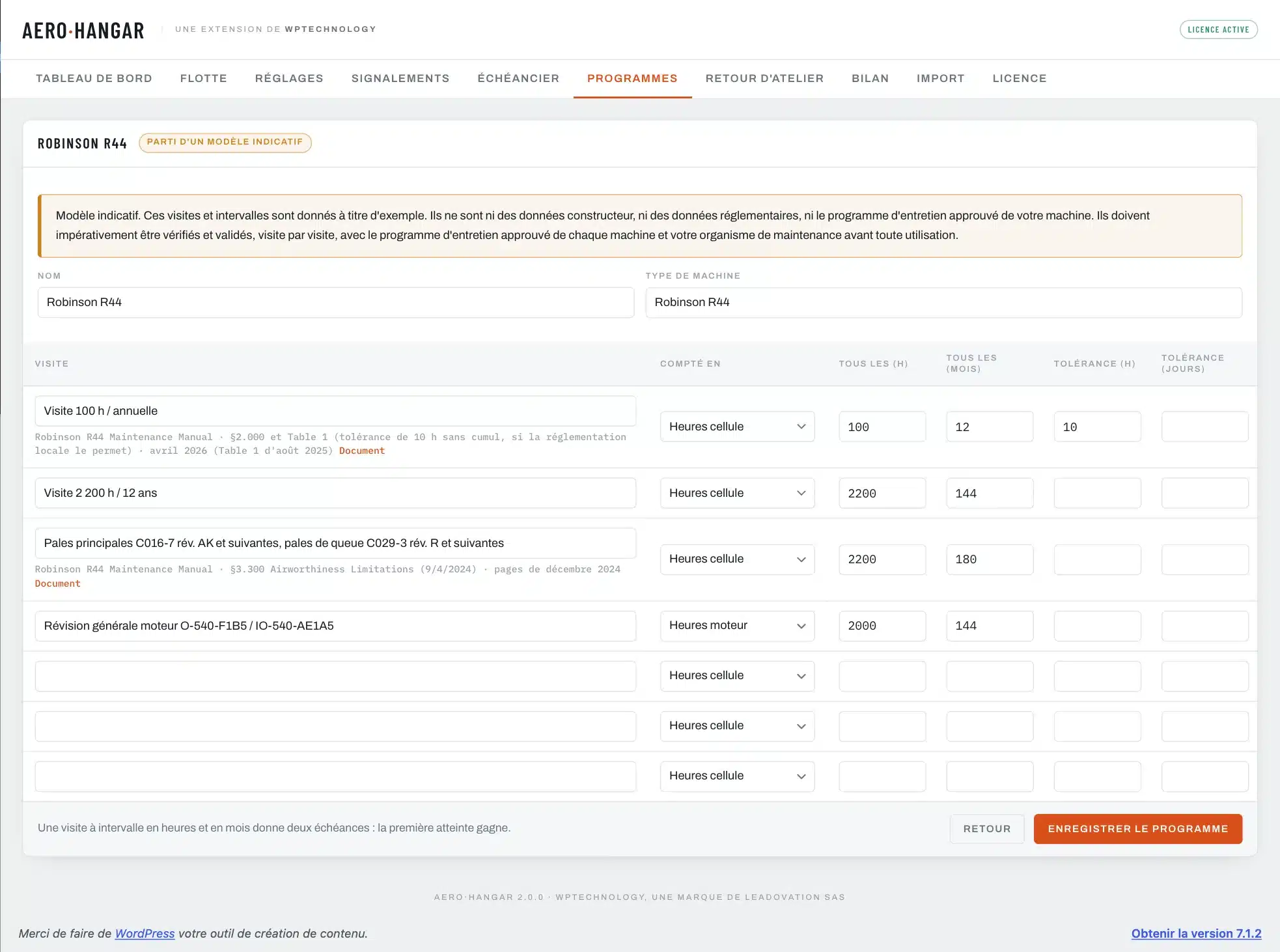 Un programme copié d’un modèle indicatif, avec ses visites, ses intervalles et ses sources