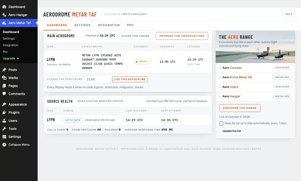 Aerodrome Metar Taf dashboard: the main aerodrome, its latest METAR, the category, the observation and fetch times, and the health of the source