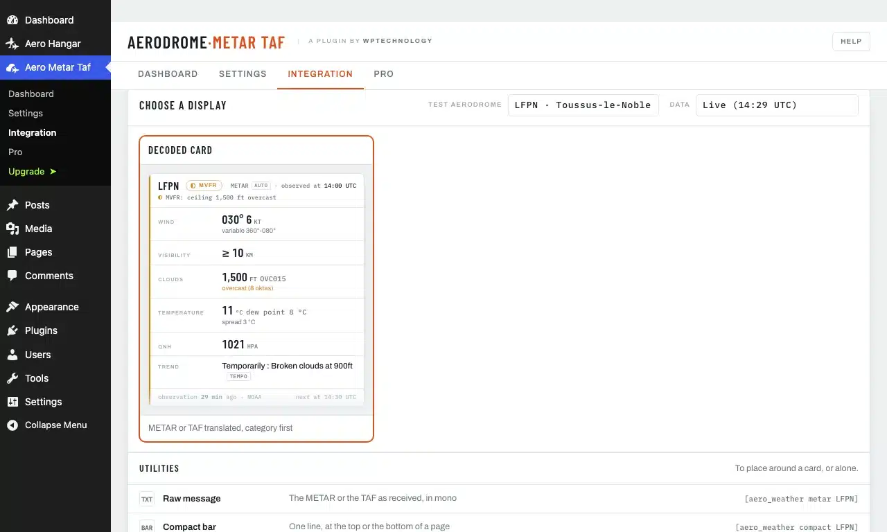 Integration tab: the decoded card shown for real on the test aerodrome, the utilities and the code to copy